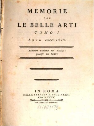 Memorie per le belle arti. 1, 1. 1785