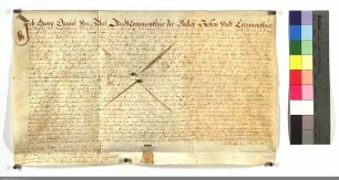 Georg Daniel v. Habel, Landkomtur u. Komtur von Marburg u. Flörsheim belehnt den Philipp Lauther zu Flörsheim mit D.O. Gütern zu Flörsheim.