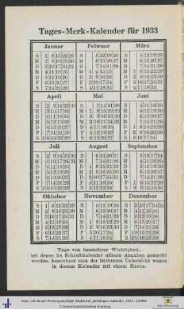 Tages-Merk-Kalender für 1933.