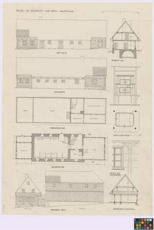 Raum (Kreis Oelsnitz): Hof Roth. - Haupthaus (Hof-Seiten-Ansicht, Rück-Seiten-Ansicht, Querschnitt A-B, Grundriss des Obergeschosses, Grundriss des Erdgeschosses, Straßen-Giebel-Ansicht). - Ofen in der Stube (Ansicht, Grundriss). - Detail am Wohngiebel (Ansicht). - Schafstall (Querschnitt). - Speicher (Straßen-Seiten-Ansicht)