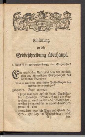 Einleitung in die Erdbeschreibung überhaupt.