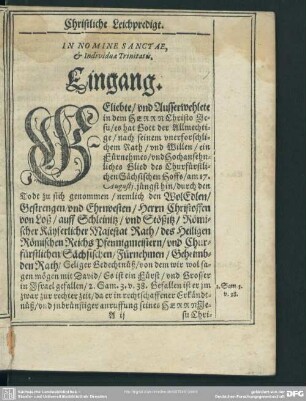 Leichenpredigt : Christliche Leichpredigt. Eingang. Textus. Predigt. Erster Theil. Usus. Ander Theil. Usus