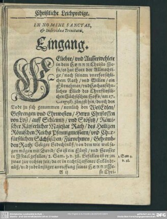 Leichenpredigt : Christliche Leichpredigt. Eingang. Textus. Predigt. Erster Theil. Usus. Ander Theil. Usus