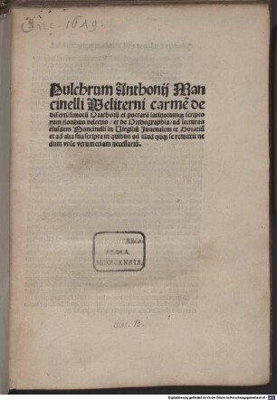 Carmen de floribus : mit Vorrede des Autors an den Leser, Rom 1.8.1489, und mit Gedicht an Ursus de Ursinis