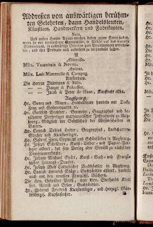 Addreßen von auswärtigen berühmten Gelehrten, dann Handelsleuten, Künstlern, Handwerkern und Fabrikanten.