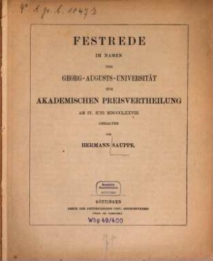 Festrede im Namen der Georg-Augusts-Universität zur akademischen Preisvertheilung am 4. Juni 1878