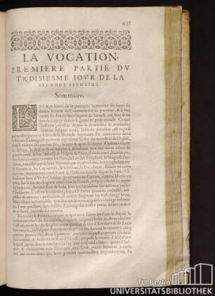 La Vocation. Premiere Partie Du Troisesme Iour de La Seconde Sepmaime, Sommaire.