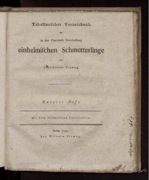 H. 2: Tabellarisches Verzeichniss der in der Churmark Brandenburg einheimischen Schmetterlinge. H. 2