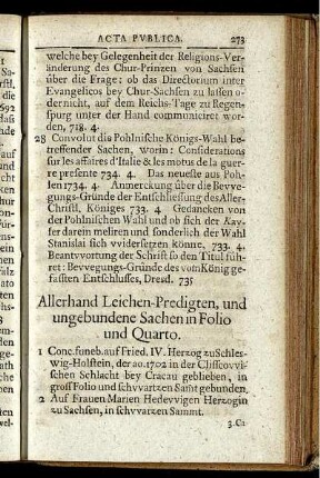Allerhand Leichen-Predigten, und ungebundene Sachen in Folio und Quarto.