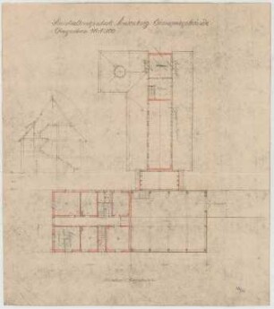 Fischer, Theodor; Lindenberg / Allgäu (Bayern); Haushaltungsschule mit Ökonomiegebäude und Kapelle - Ökonomiegebäude (Grundriss OG, Schnitt)