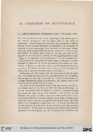 Progress of Egyptology : archaeology, hieroglyphic studies, etc.