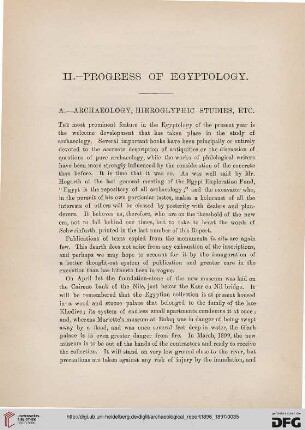 Progress of Egyptology : archaeology, hieroglyphic studies, etc.