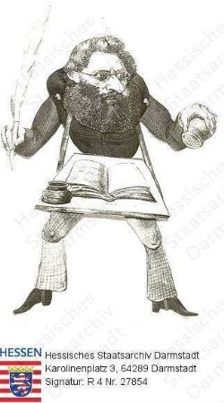 Jucho, Friedrich Siegmund, Dr. jur. (1805-1884) / Porträt, Karikatur mit Tintenfaß und Protokollbuch auf umgehängtem Schreibpult, Feder und Streusandbüchse in den Händen haltend / linksblickende Ganzfigur