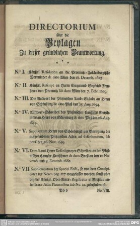 Directorium über die Beylagen Zu dieser gründlichen Beantwortung