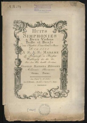 Huits [!] Simphonies a Deux Violons Taille et Basse deux Hautbois et deux Cornes de Chasse : Opera Prima.