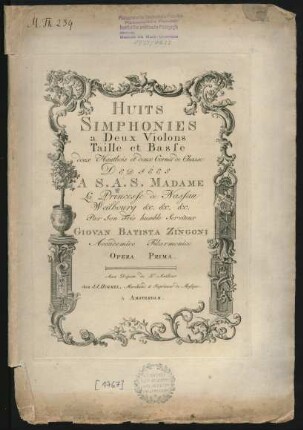 Huits [!] Simphonies a Deux Violons Taille et Basse deux Hautbois et deux Cornes de Chasse : Opera Prima.