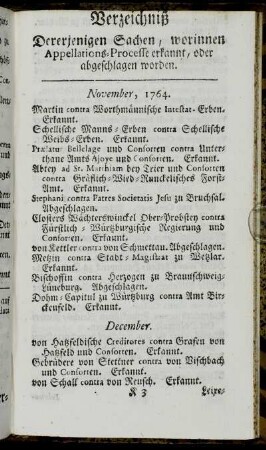 Verzeichniß Dererjenigen Sachen, worinnen Appellations-Processe erkannt, oder abgeschlagen worden.