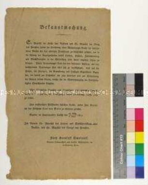 Bekanntmachung von General Kutusow-Smolenskij über Einrichtung eines Verwaltungsrats der verbündeten Mächte für das nördliche Deutschland unter Leitung von Freiherr vom Stein