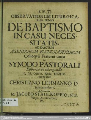Observationum liturgicarum senio de baptismo in casu necessitatis