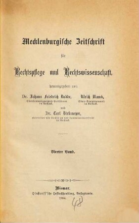 Mecklenburgische Zeitschrift für Rechtspflege, Rechtswissenschaft, Verwaltung. 4. 1884
