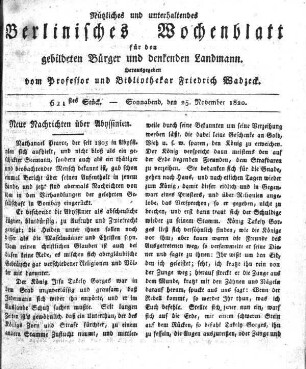 621stes Stueck, Sonnabend, den 25. November 1820