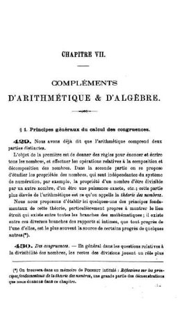 Chapitre VII. Compléments d'Arithmetique et d'Algèbre.