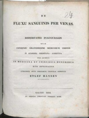 De Fluxu Sanguinis Per Venas : Dissertatio Inauguralis