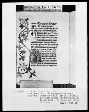 Gebetbuch des Konrad Peutinger — Initiale S (ancti dei omnes), darin Heiligenversammlung, Folio 90verso