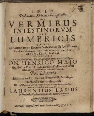 Disputatio Medica Inauguralis De Vermibus Intestinorum Seu Lumbricis