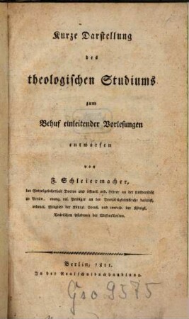 Kurze Darstellung des theologischen Studiums