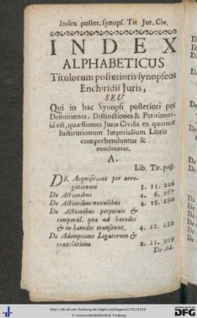Index Alphabeticus Titulorum posterioris synopseos Enchiridii Juris.
