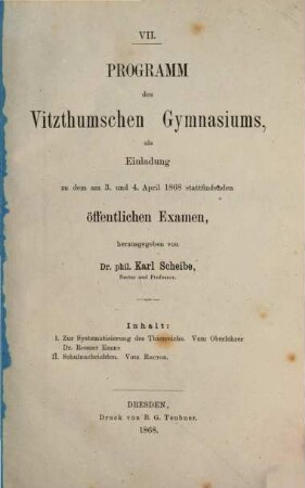 Zur Systematisierung des Thierreichs : (Programm des Vitzthumschen Gymnasiums)