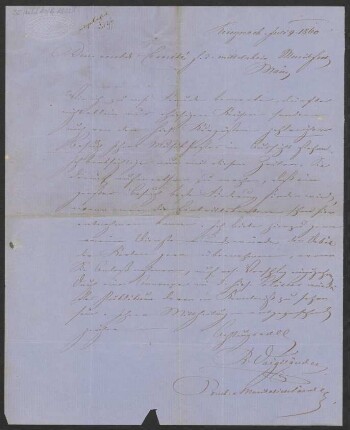 Brief an Kommittee für das Mittelrheinische Musikfest <4, 1860, Mainz>, Mainzer Liedertafel : 09.07.1860