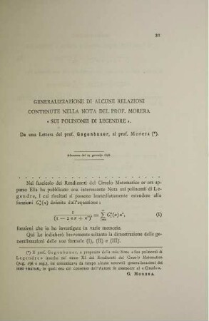 Generalizzazione di alcune relazioni contenute nella nota del Prof. Morere sui polinomii di legendre.