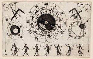 Die sieben Planeten, darüber Uhr mit Tierkreis (Schwarzgroteske, Goldschmiedeornament)