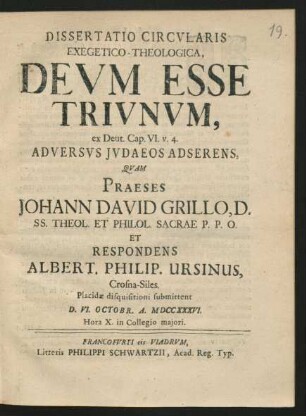 Dissertatio Circularis Exegetico-Theologica, Deum Esse Triunum, ex Deut. Cap. VI. v. 4. Adversus Judaeos Adserens
