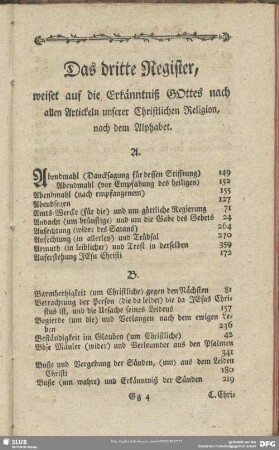 Das dritte Register, weiset auf die Erkäntniß GOttes nach allen Artickeln unserer Christlichen Religion, nach dem Alphabet