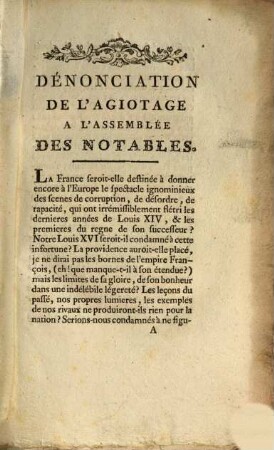 Dénonciation de l'agiotage au Roi et à l'Assemblée des Notables