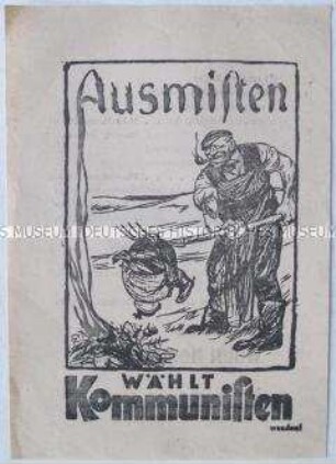 Handzettel mit einer antikapitalistischen Karikatur und einem Wahlaufruf der KPD