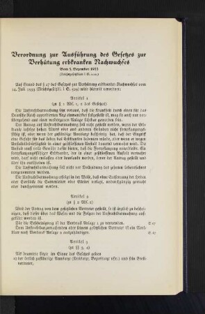 Verordnung zur Ausführung des Gesetzes zur Verhütung erbkranken Nachwuchses Vom 5. Dezember 1933 (Reichsgesetzblatt I S. 1021)
