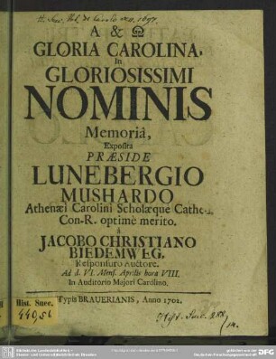 Gloria Carolina, In Gloriosissimi Nominis Memoria
