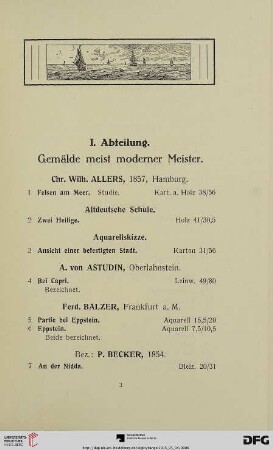 I. Abteilung. Gemälde meist moderner Meister (Nr. 1-190)