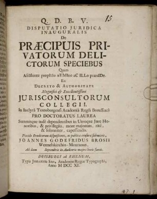 Disputatio Juridica Inauguralis De Præcipuis Privatorum Delictorum Speciebus