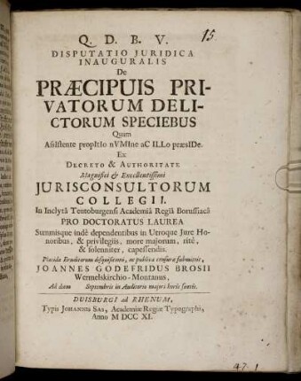 Disputatio Juridica Inauguralis De Præcipuis Privatorum Delictorum Speciebus