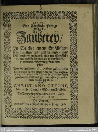 Eine christliche Predigt wider die Zauberey ...