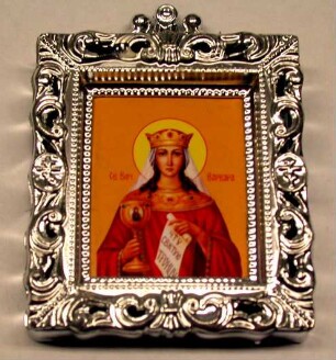 Heilige Barbara mit Nimbus, Krone, Kelch und Schriftrolle