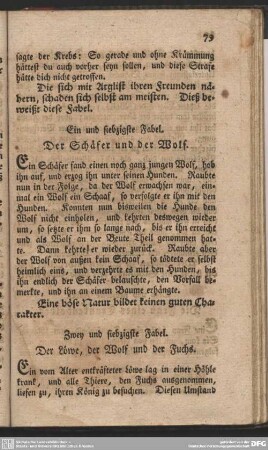 Zwey und siebzigste Fabel. Der Löwe, der Wolf und der Fuchs