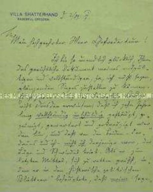 Eigenhändiger Brief von Karl May an den Chefredakteur einer Zeitung, dem er seinen juristischen Sieg gegen die Verleumdungen in den "Historisch-politischen Blättern" mitteilt