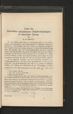 Ueber die Dissociation polyhalogener Metallverbindungen in wässeriger Lösung.