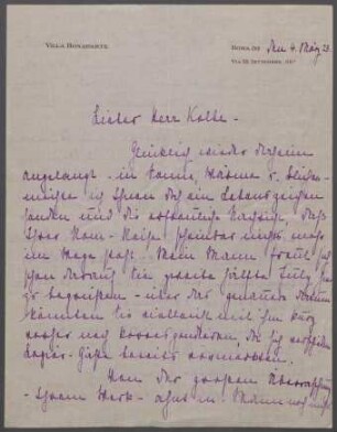 Brief von Vera von Bergen-Dirksen an Georg Kolbe